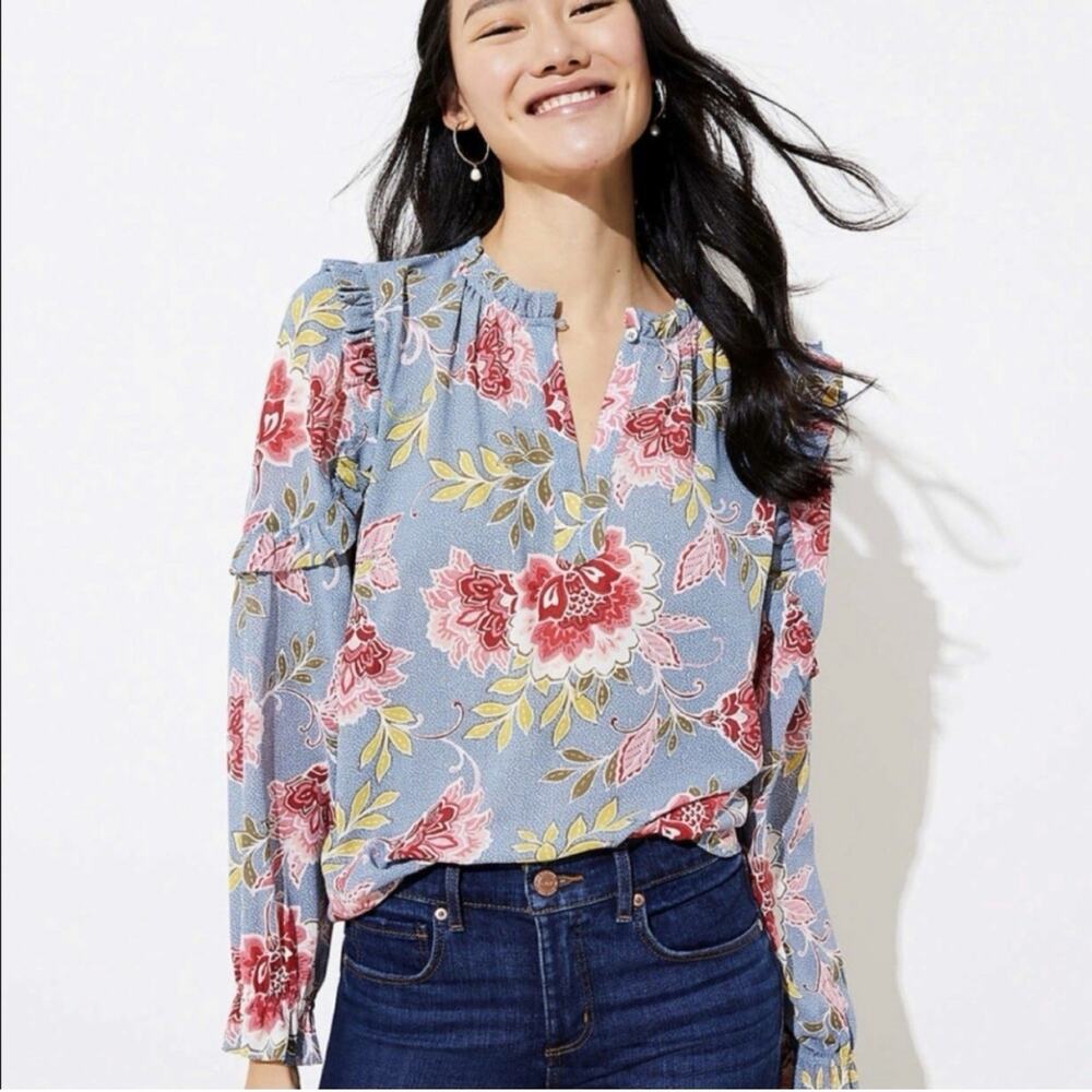 Loft Garden Ruffle Floral Long Sleeve Split Neck Top Blue Pink Small